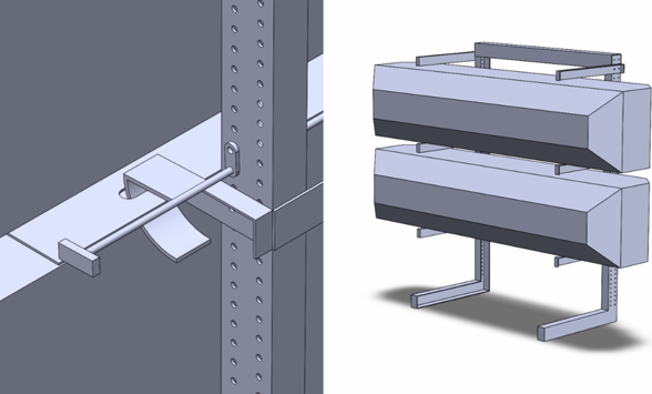 Concept 1 CAD - open shelf with adjustable arms and rotating hook lock
